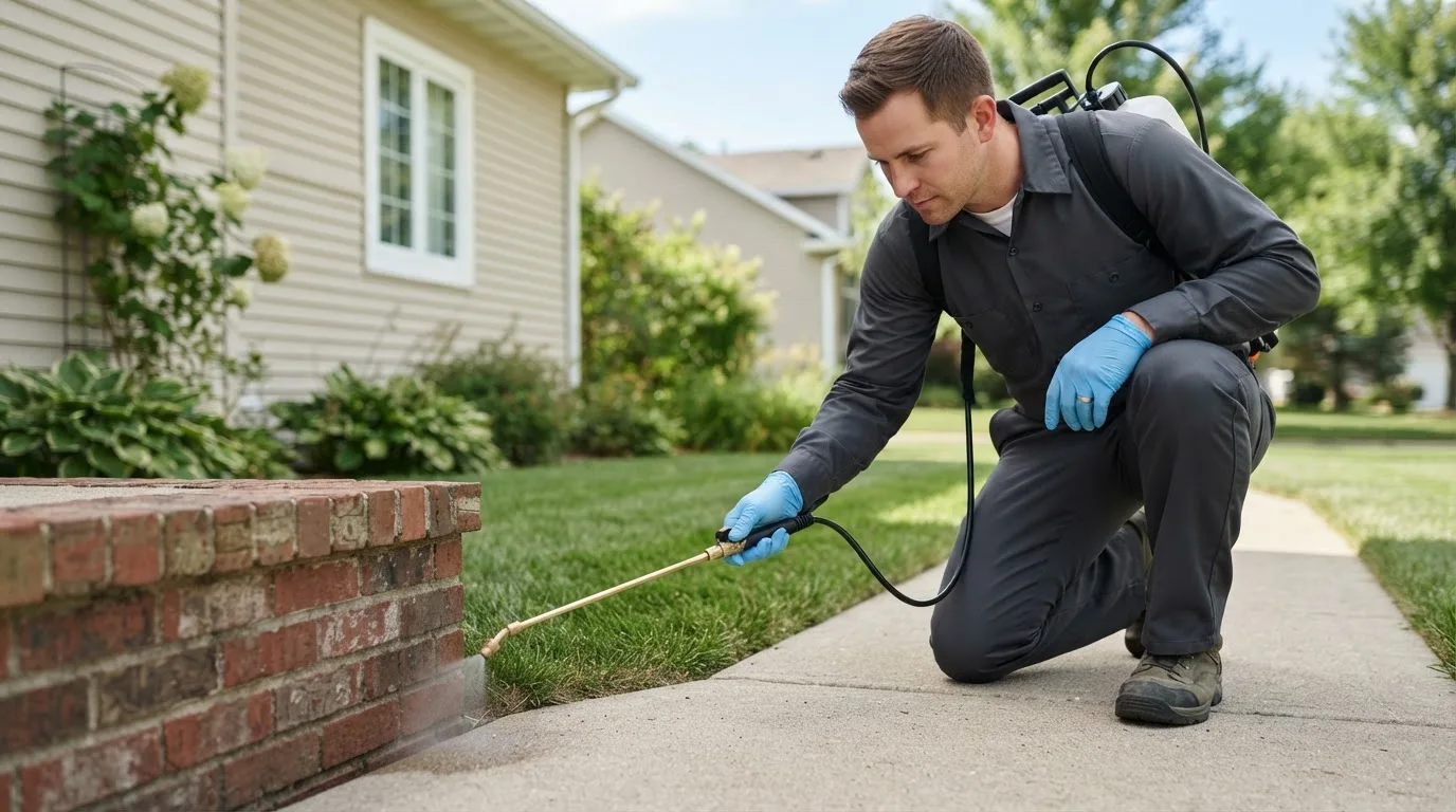 Pest control technician treating a home near Burnsville, MN